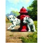 Malování podle čísel Dalmatini u červeného hydrantu s akrylovými barvami a štětcem