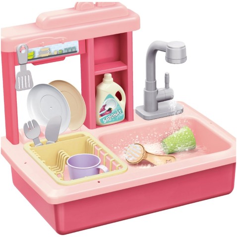 Teddies dřez na mytí nádobí růžový + kohoutek na vodu na baterie s doplňky