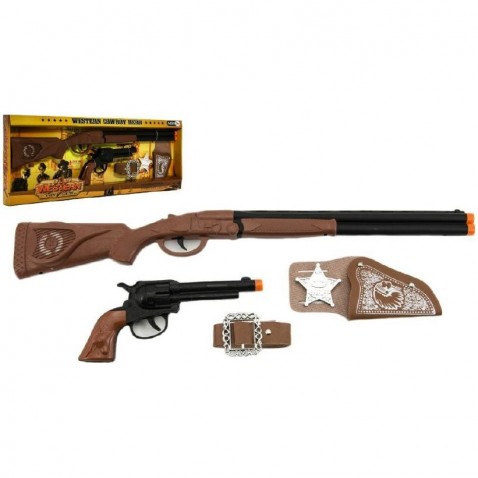 Kovbojská sada kolt pistole puška klapací + šerifská hvězda s doplňky 50cm