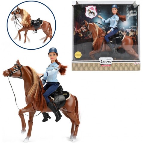 Panenka policistka kloubová 30cm na koni se sedlem