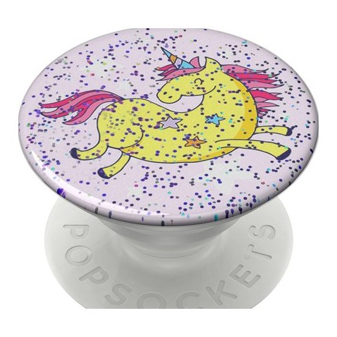 PopSockets PopGrip Gen.2, Glitter Jumping Unicorn, žlutý jednorožec na růžovém podkladu s