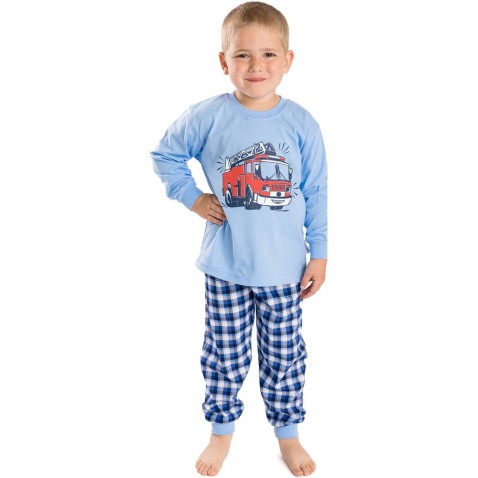 Dětské pyžamo Bettymode HASIČSKÉ AUTO NA MODRÉ dlouhý rukáv
