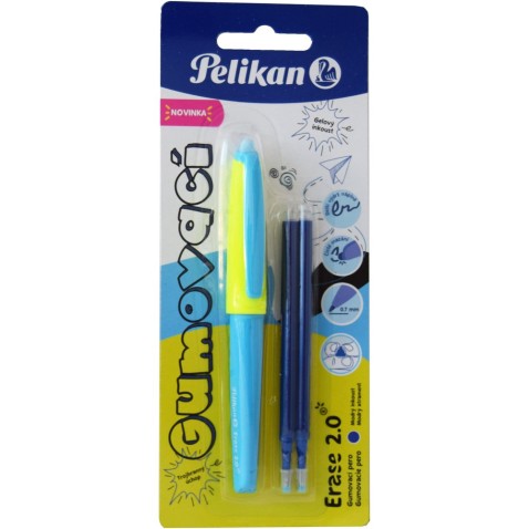 Gumovací pero Pelikan s trojhranným úchopem neonově modré a 2 modré náplně