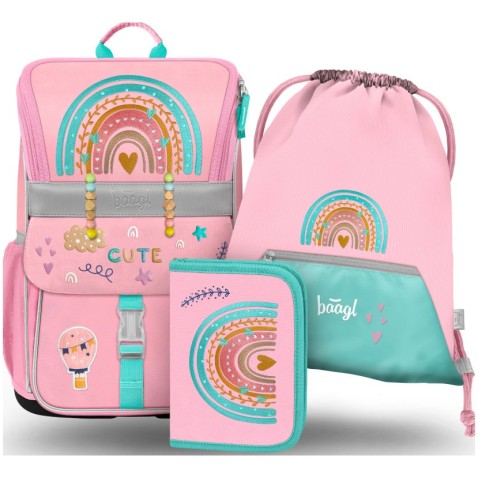 Školní aktovka Baagl Zippy Duha růžový set