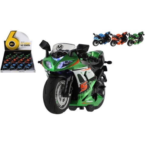 Motorka závodní kov/plast na zpětné natažení 12cm na baterie se světlem, zvukem 3 barvy