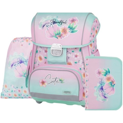 Školní taška pro prvňáčky PREMIUM Flowers, 3dílný set