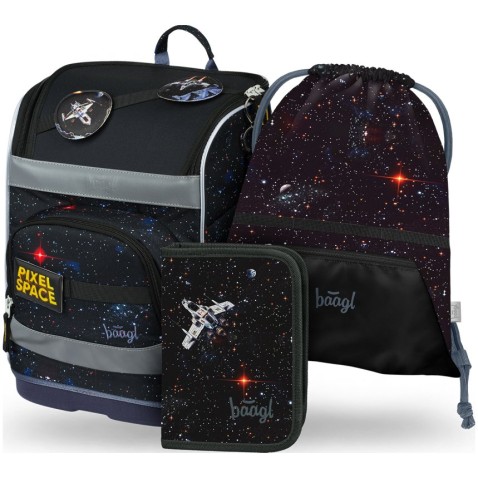 Školní aktovka pro prvňáčka Baagl Zippy plus Pixel Space: aktovka SET, penál, sáček