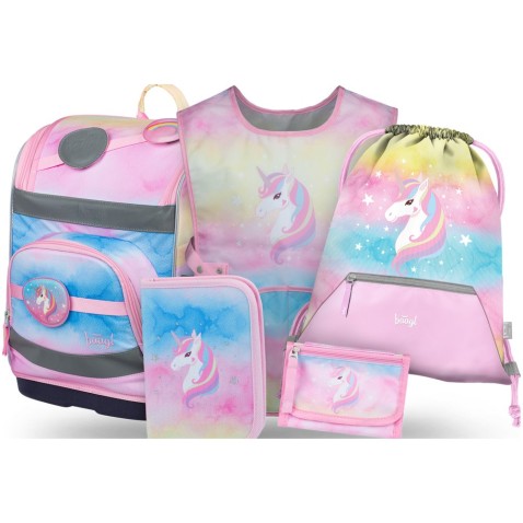 Školní set Baagl Zippy Plus Rainbow Unicorn: aktovka, penál, vak, zástěra, peněženka