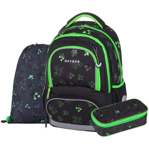Školní taška OXY NEXT Green cubes, 3dílný set
