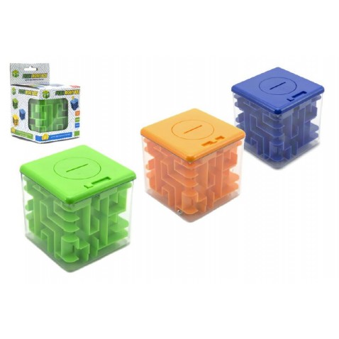 Pokladnička s hlavolamem pro otevření mince do 5Kč 8x8cm 3 barvy