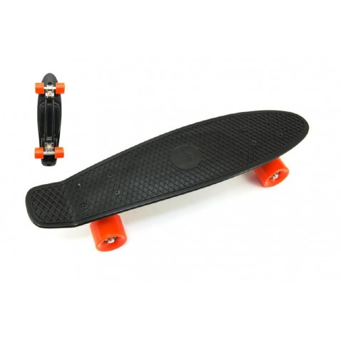 Skateboard - pennyboard 60cm nosnost 90kg, kovové osy, černá barva, oranžová kola