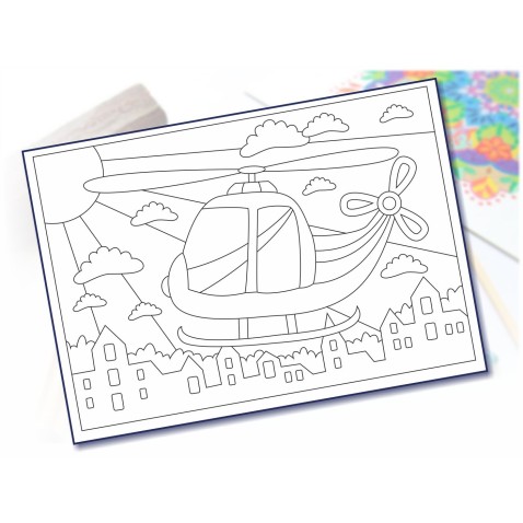 Malování pískem šablona A4 vrtulník ve městě