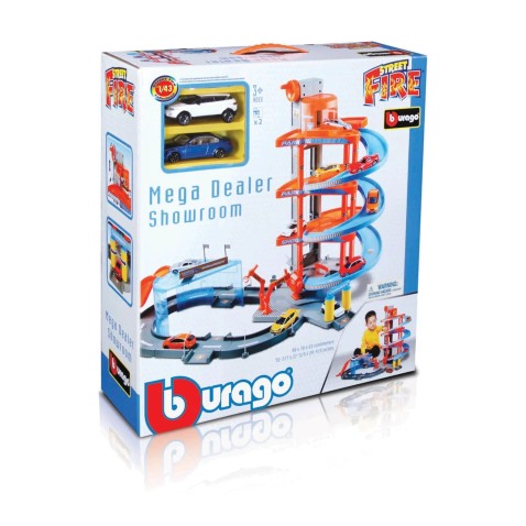 Bburago - Velká parkovací herní sada – garáž a showroom se dvěma autíčky,  1:43