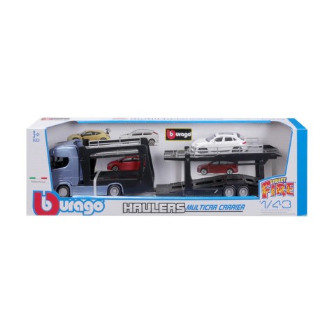 Bburago - STREET FIRE, Kamion s návěsem Multicar Carrier Scania 770S + Porsche Macan, 1:43