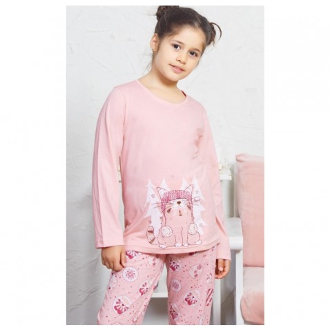 Dětské pyžamo dlouhé Kočka s čepicí růžové