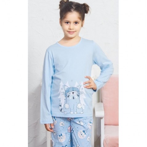 Dětské pyžamo dlouhé Kočka s čepicí modré