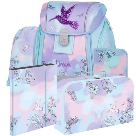 Aktovka do první třídy Oxybag PREMIUM LIGHT Kolibřík 25, 5dílný set