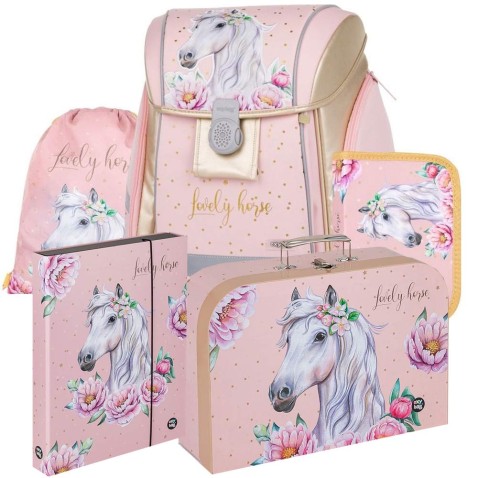 Aktovka pro prvňáčky Oxybag PREMIUM LIGHT Kůň romantic 5dílný set
