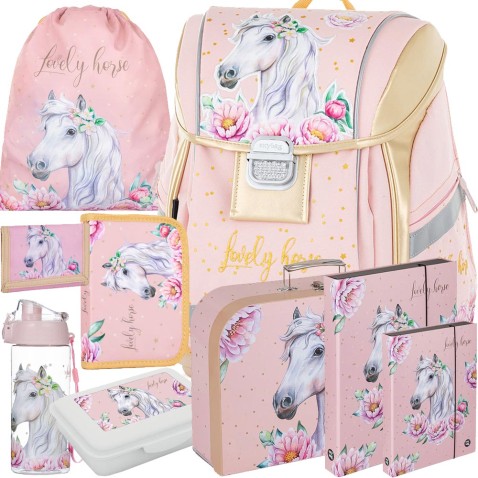 Školní aktovka pro prvňáčky Oxybag PREMIUM Light Kůň romantic 9dílný set