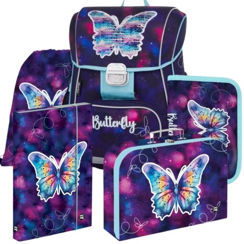 Škoní aktovka Oxybag Premium Motýl fialový - 5dílný set