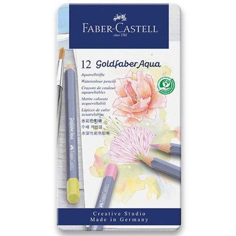 Akvarelové pastelky Faber-Castell Goldfaber Aqua Pastel plechová krabička, 12 barev
