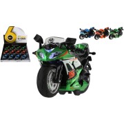 Motorka závodní kov/plast na zpětné natažení 12cm na baterie se světlem, zvukem 3 barvy