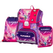 Aktovka Oxybag PREMIUM Playworld Girl, 3dílný set a box na sešity zdarma