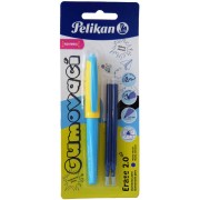 Gumovací pero Pelikan s trojhranným úchopem modro žluté a 2 modré náplně
